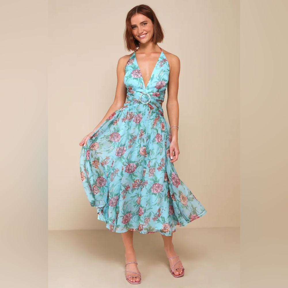 Lulus Exceedingly Radiant Blue Floral O-Ring Cutout Halter Midi Dress new (XS)